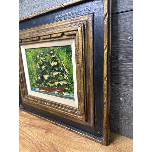 Vintage Seascape Oil Painting on Canvas Signed Zizza Framed Nautical Art 18.5x17 - Picture 7 of 10